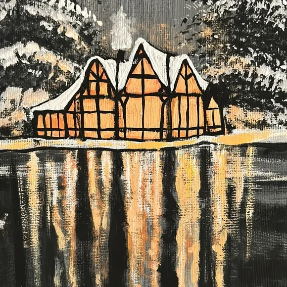 Hand Made Acrylic Painting 11”x14” Snowy Cabin by the lake - Picture 3 of 5